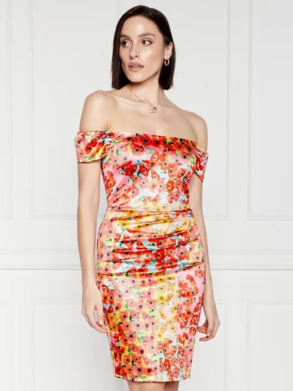 GUESS Camila Satin Floral Off Shoulder Bodycon Dress Small